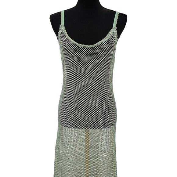 New Free People Sheer Open Weave Slip Maxi Dress Green Rhinestone Boho Beach - Picture 10 of 16